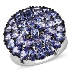 Genuine Tanzanite Cluster Ring in Platinum over Sterling Silver Sz 6